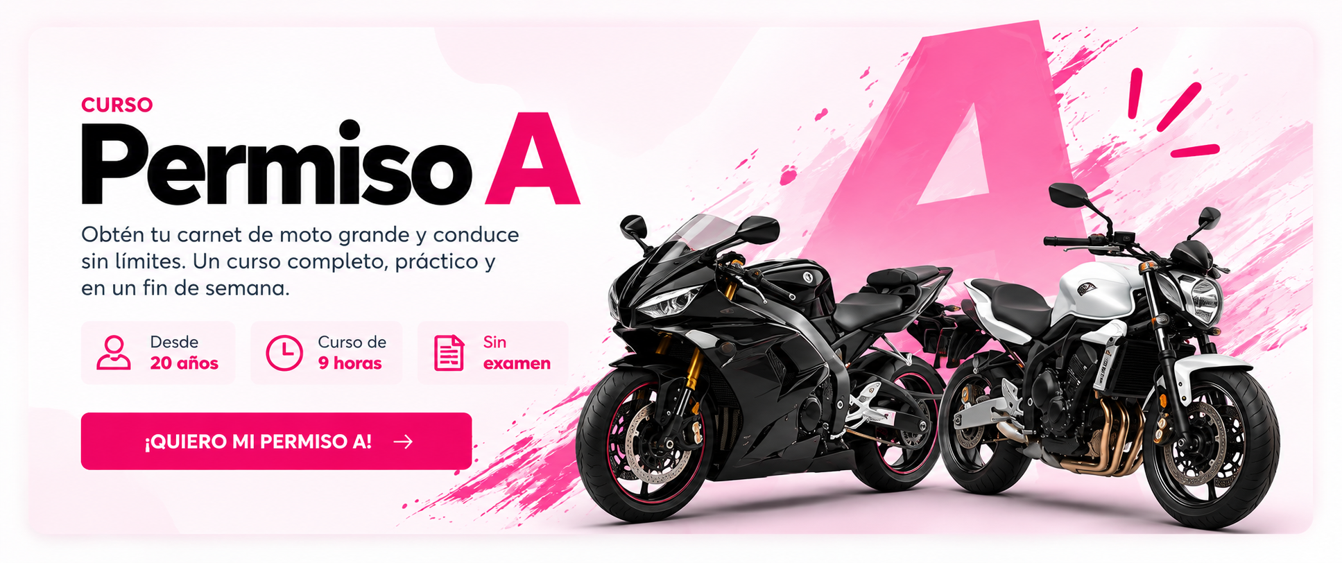 Curso del permiso A de moto en Autoescuela Esquivias. Desde los 20 años, curso de 9 horas y sin examen.