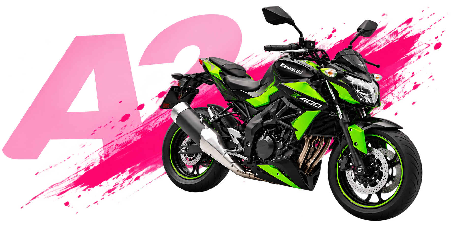 Kawasaki Z400 verde y negra entre salpicaduras rosas para el permiso A2