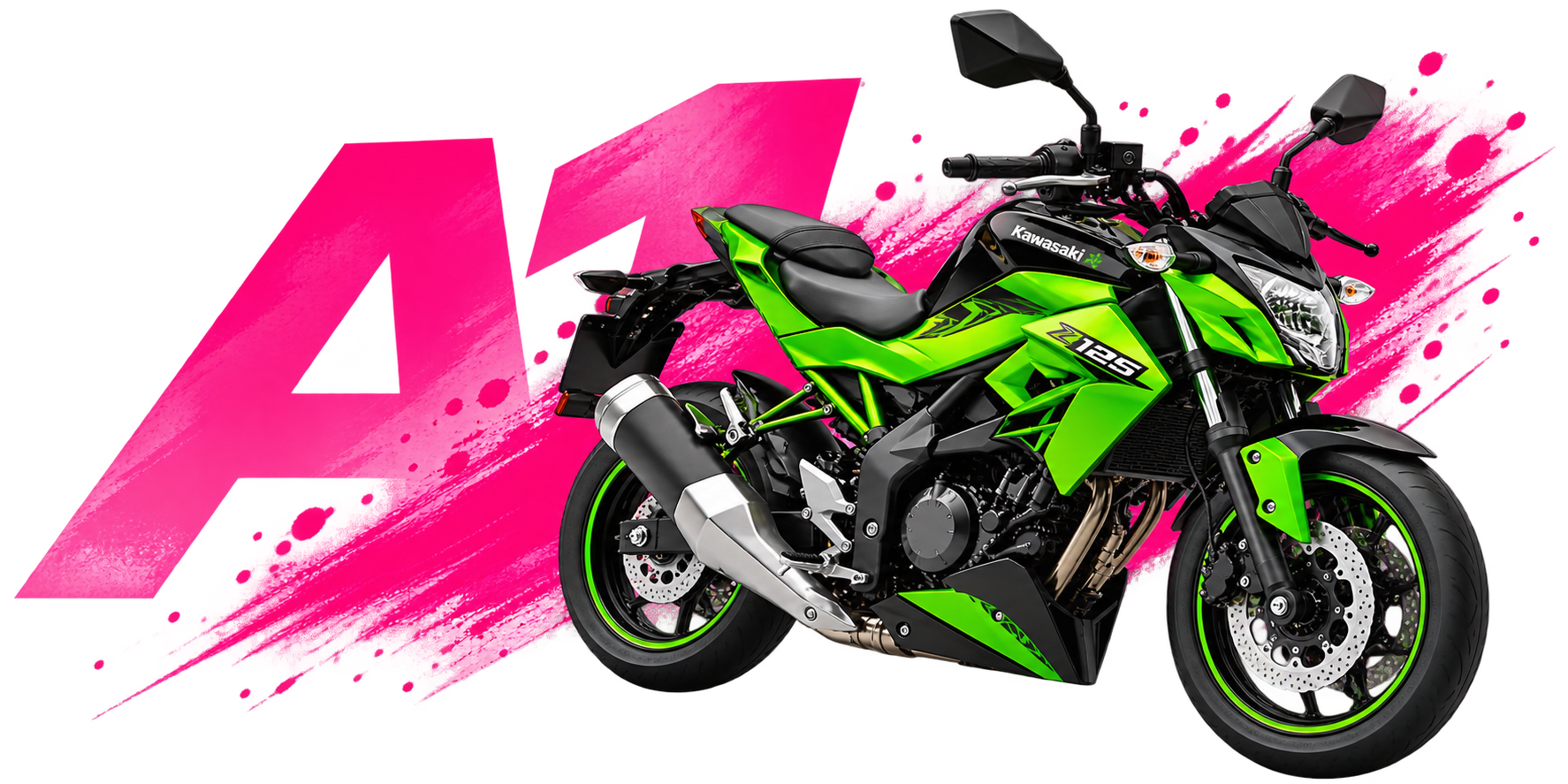 Kawasaki verde con gráficos magenta para el permiso A1